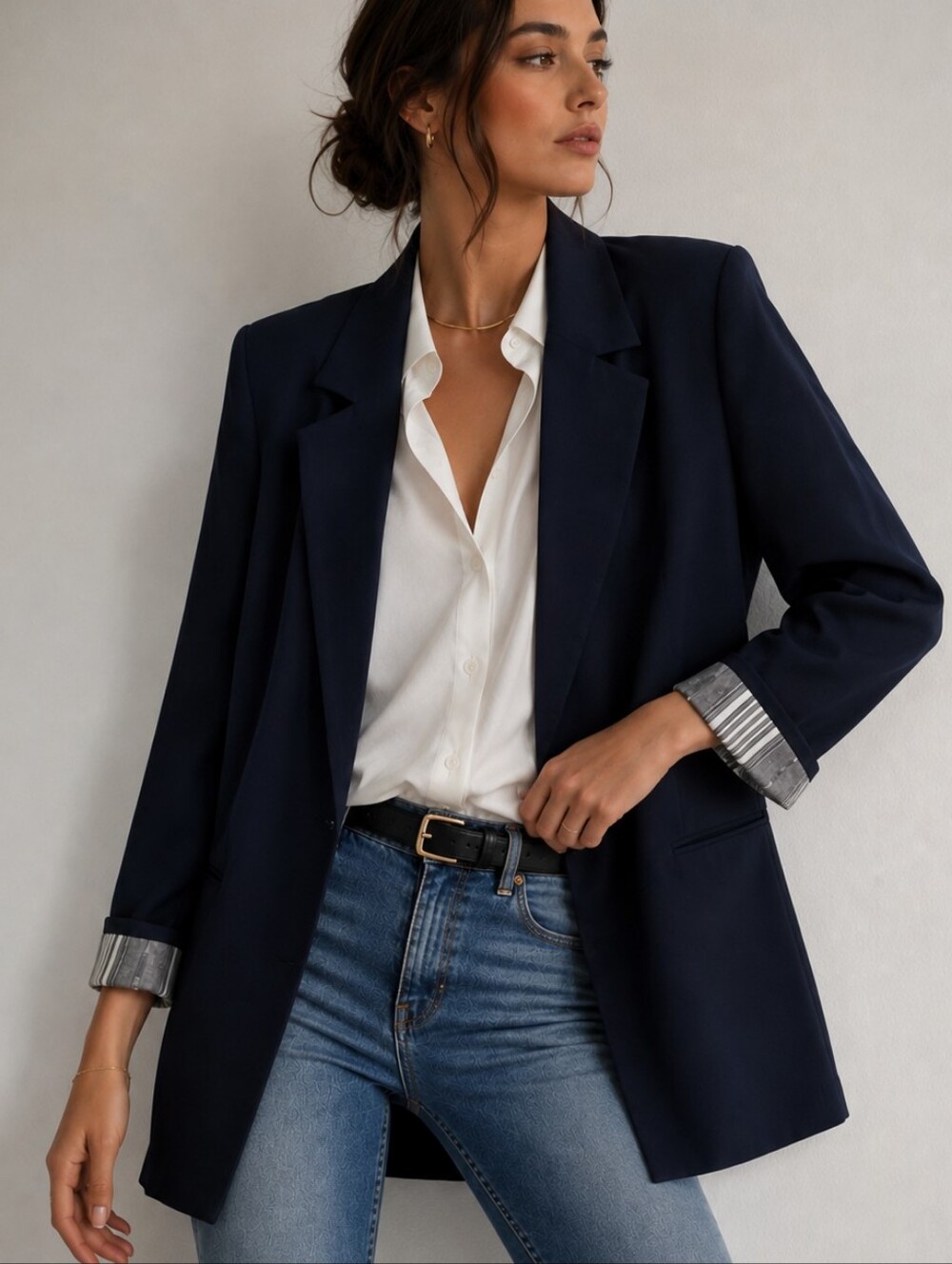 Valencia Women’s Navy Blue Blazer Size Medium Rolled Striped Cuff